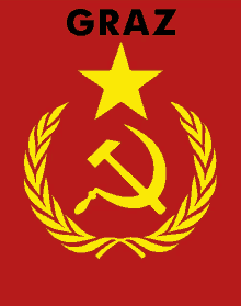 a red background with a yellow hammer and sickle and the word graz on top