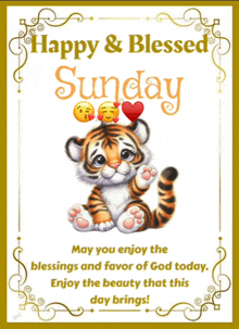 a happy and blessed sunday greeting card with a tiger cub