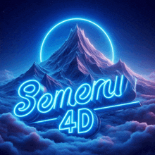 a neon sign that says someru 4d in front of mountains