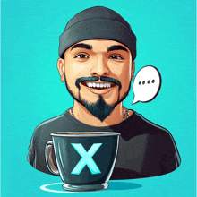 a man with a beard is smiling while holding a cup of coffee with the letter x on it