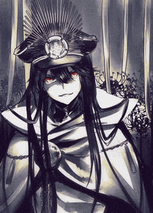 a black and white drawing of a samurai with long black hair