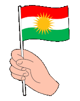 a hand holding a small kurdish flag with a sun on it