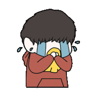 a boy in a red hoodie is crying and covering his face with his hands