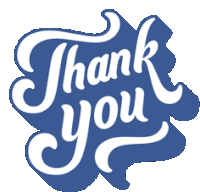 a blue and white thank you sticker with a shadow