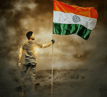 a man in a military uniform is holding a flag in his hand