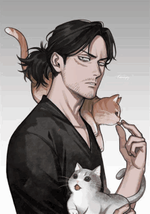 a man in a black shirt is holding a cat in his hands .