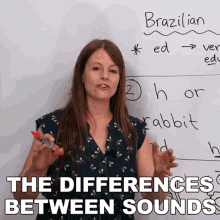 a woman stands in front of a white board with the words " the differences between sounds " on the bottom