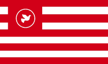 a red and white flag with a white dove in the middle