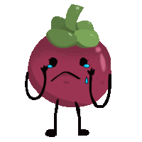 a cartoon illustration of a mangosteen with arms and legs crying