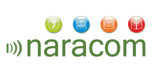 a logo for naracom shows a phone a computer and a book