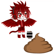 a cartoon character with red hair and wings is next to a pile of poop