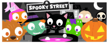 a poster for spooky street shows a black cat surrounded by pumpkins