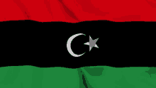 a red black and green flag with a crescent moon and star on it