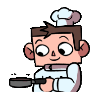 a cartoon character wearing a chef hat is holding a frying pan