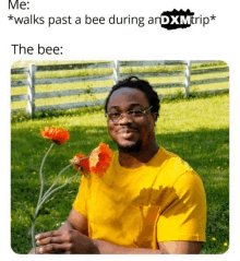 a man in a yellow shirt is holding a vase of flowers with a caption that says " the bee "