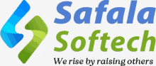 a logo for safala softtech with a blue and green arrow