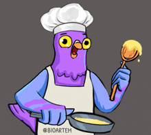 a cartoon of a pigeon wearing a chef hat and apron cooking