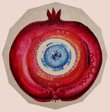 a painting of a pomegranate with a blue evil eye