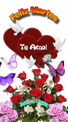 a bouquet of roses and butterflies with a heart that says te amo on it