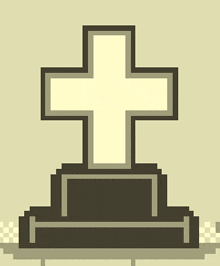 a pixel art drawing of a grave with a white cross on top