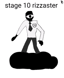 a drawing of a man with one eye standing on a black cloud .