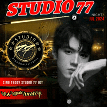 a poster for studio 77 shows a man with his hand on his chin