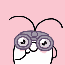 a cartoon drawing of a bug wearing binoculars on a pink background