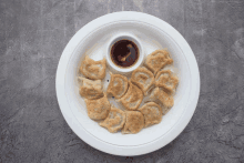 a white plate with fried dumplings and sauce on it