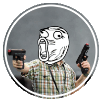 a man in a plaid shirt is holding two guns and has a rage face on his face