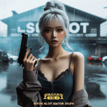 a woman holding a gun in front of a building that says slot