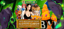 a woman is standing in front of a sign that says kera 4d info bocoran game slot777 gacor mudah menang maxwin