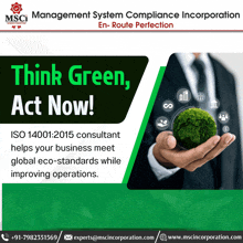 an advertisement for msci management system compliance incorporation shows a man holding a plant