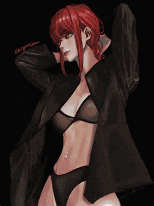 a woman with red hair is wearing a black jacket and a black bra .