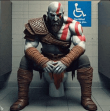 a statue of god of war sitting on a toilet next to a handicap sign