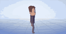 a cartoon of a man standing on a blue tile floor