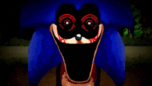 a pixel art of sonic the hedgehog with red eyes and a huge mouth .