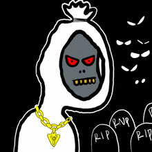 a drawing of a ghost wearing a gold chain and a necklace that says rip on it