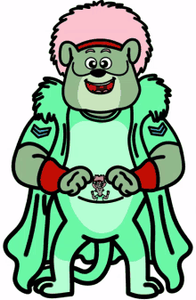 a cartoon drawing of a bear wearing a green outfit