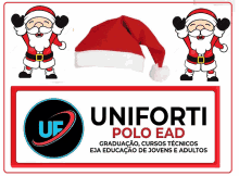 an advertisement for uniforti polo ead with santa clauses and a santa hat