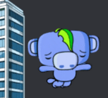 a cartoon pony with a green mane is flying in front of a tall building