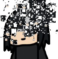 a pixelated image of a person 's face with black hair and a white background