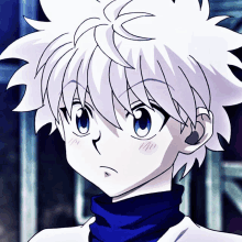 a young boy with white hair and blue eyes is wearing a blue turtleneck