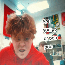 a boy in a red hoodie says " are you pp or poo "