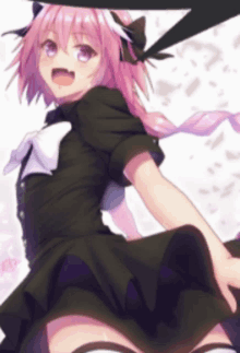 an anime girl with pink hair and a black dress