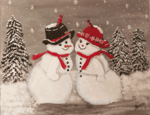 a painting of two snowmen with cardinals on their hats and scarves by a person named merry