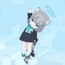 a cartoon girl with a cat ear and a blue halo is flying through the air .