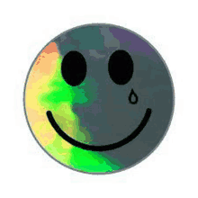 a smiley face with a tear in its eye and a rainbow background .