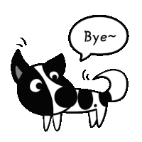 a black and white border collie dog with a speech bubble that says `` bye '' .