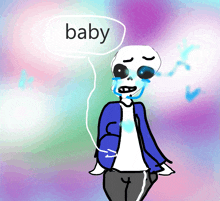 a drawing of a skeleton with a speech bubble that says baby on it