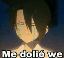 a cartoon character is crying with tears running down his face and the words `` me dolio we '' .